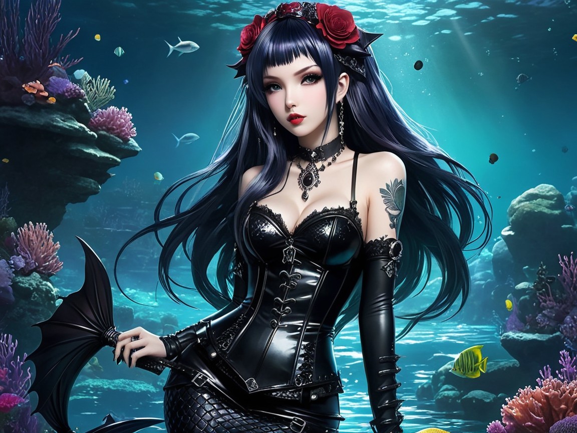 Underwater Scene of a Gothic Woman with Coral and Fish