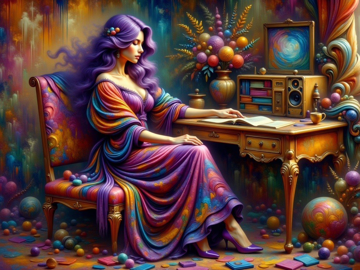 Surreal Scene of Woman Reading at Ornate Desk