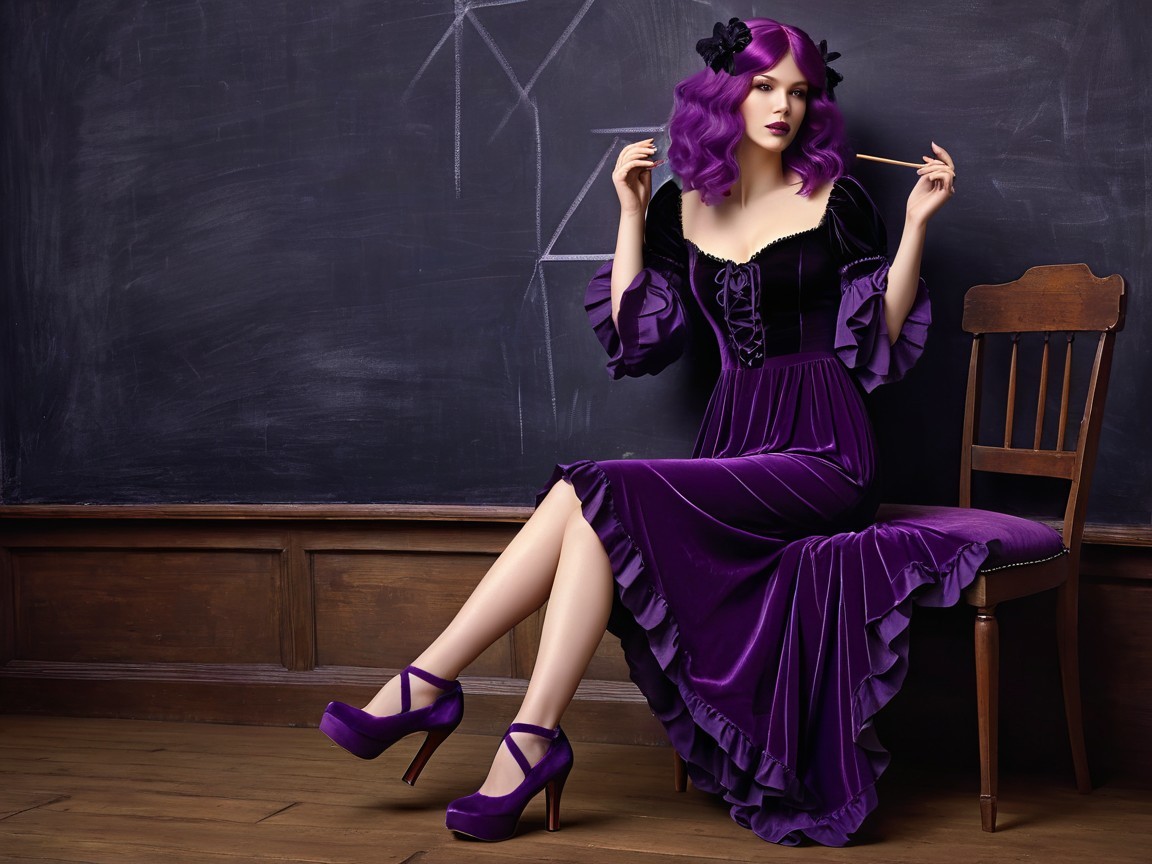 Elegant Woman in Purple Dress with Geometric Background