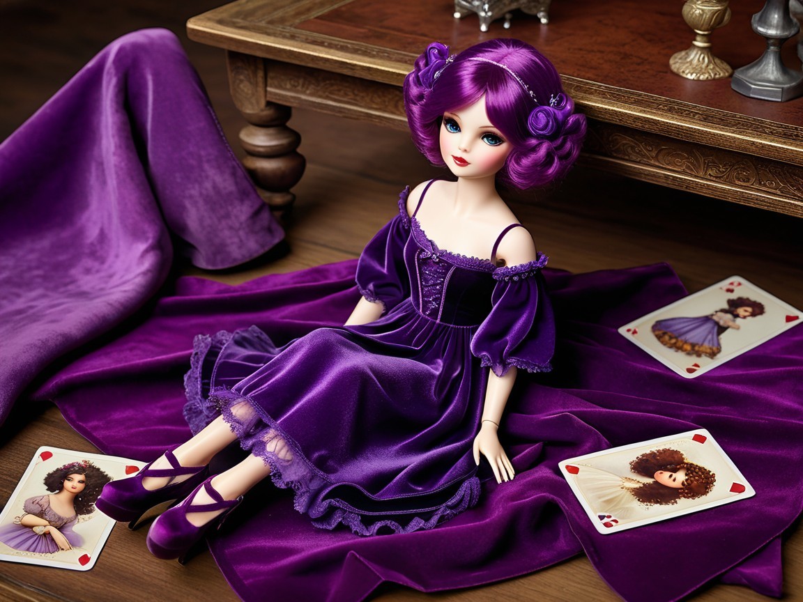 Elegant doll with purple hair on rich fabric