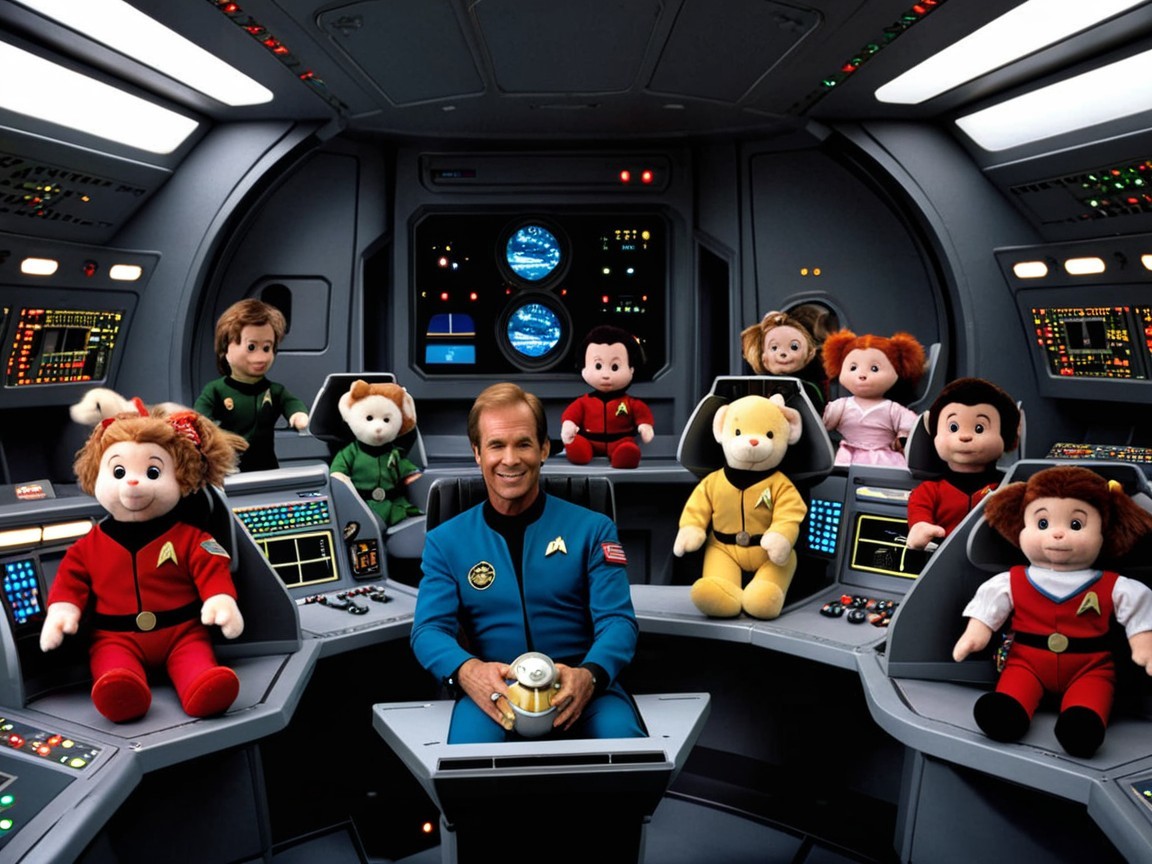 Whimsical Control Room with Plush Dolls in Spaceship
