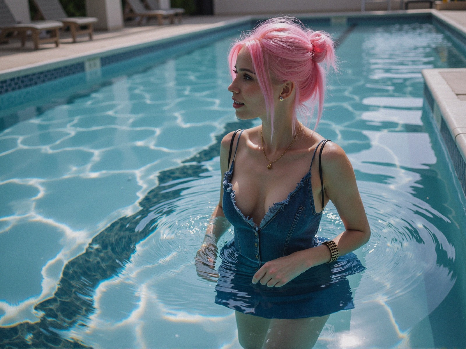 Young Woman with Pink Hair in Shimmering Pool Scene