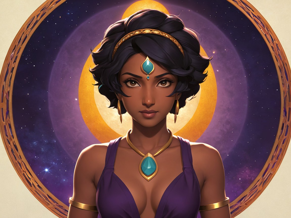 Character with Curly Hair in Purple Dress and Jewelry