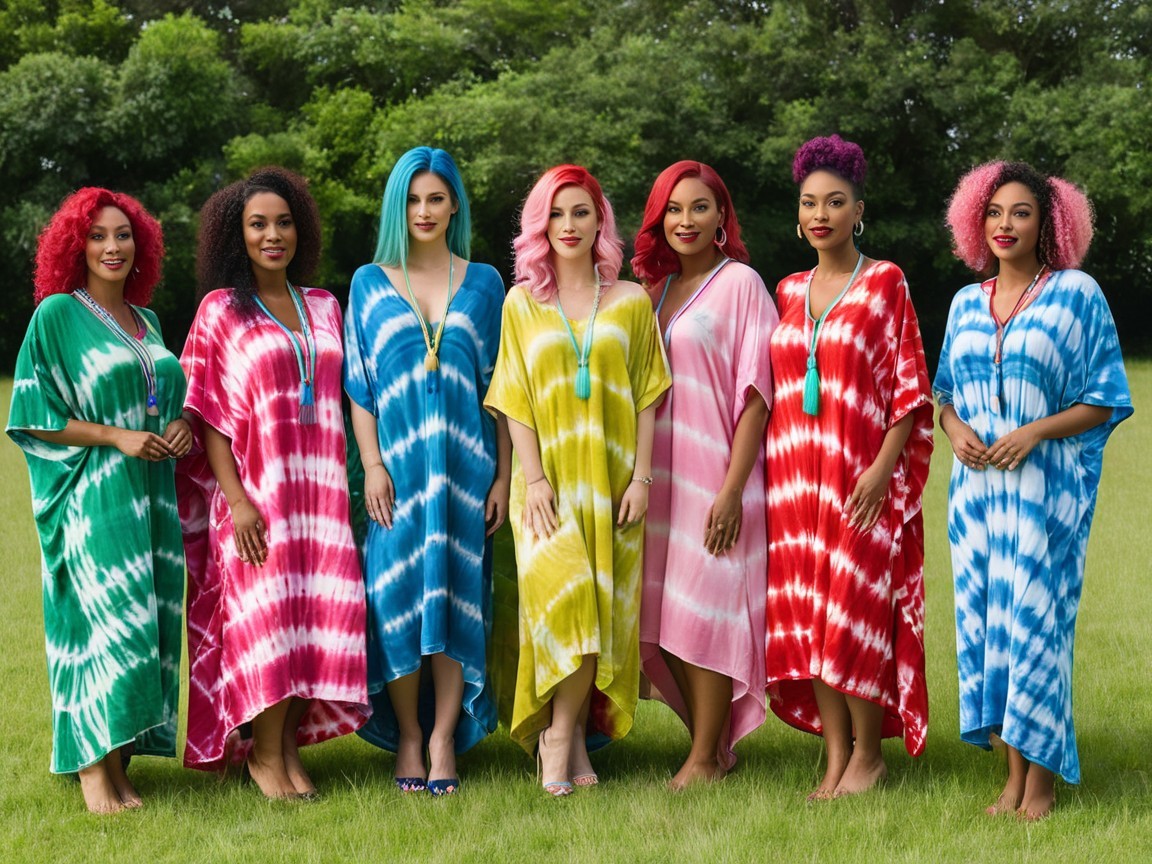Group of Women in Colorful Kaftans in Green Field
