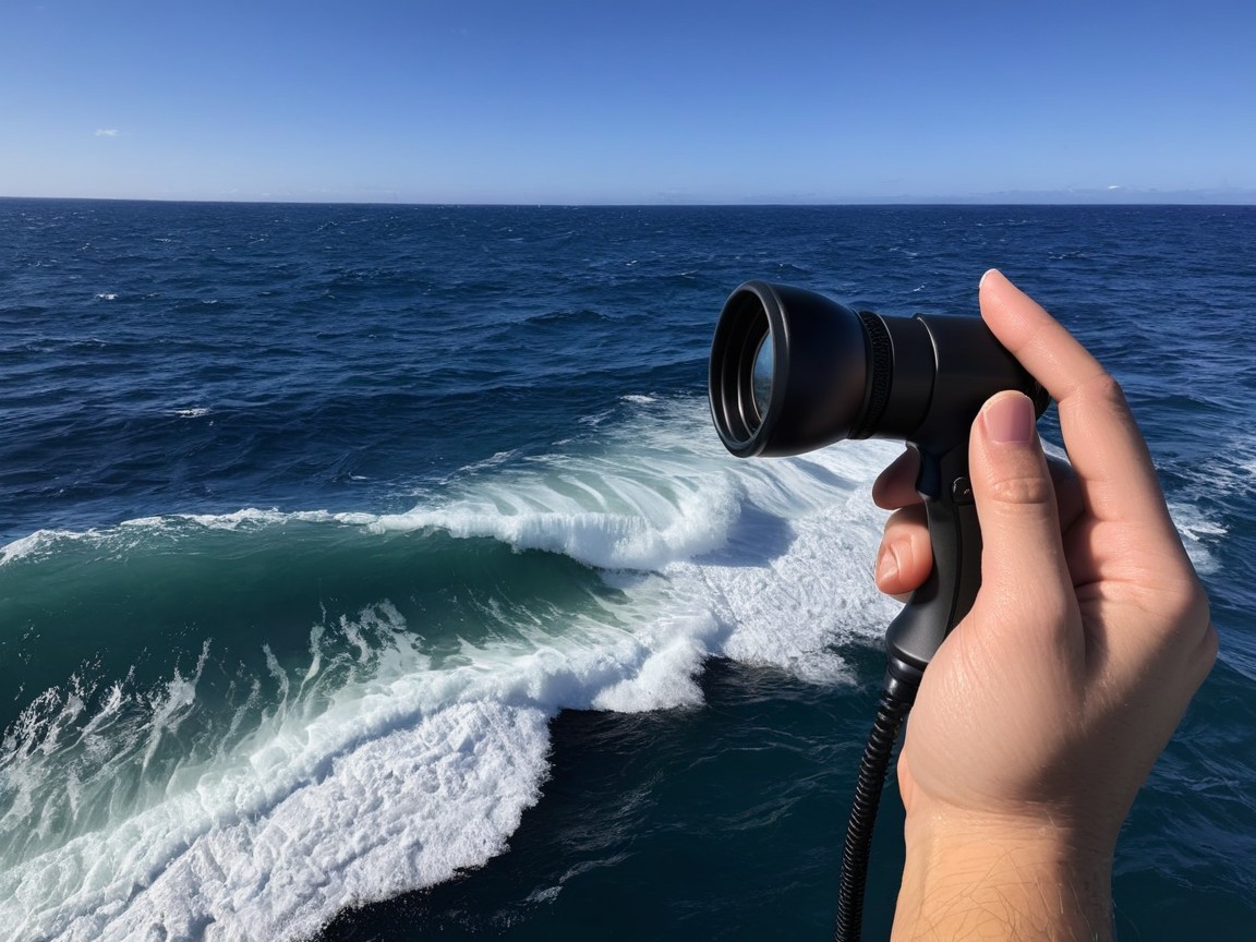 Handheld Device Pointed at Ocean Waves and Sky
