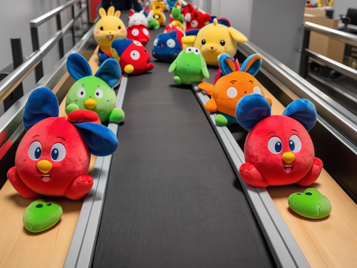 Colorful Plush Toy Characters on a Conveyor Belt