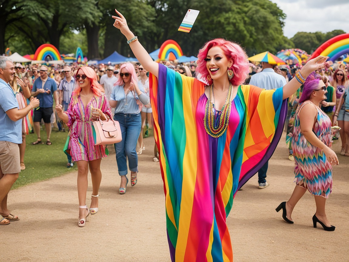 Vibrant outdoor festival with colorful pride flags