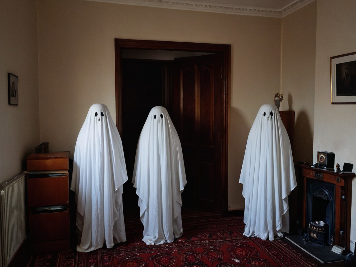 Figures in White Sheets in a Dimly Lit Room