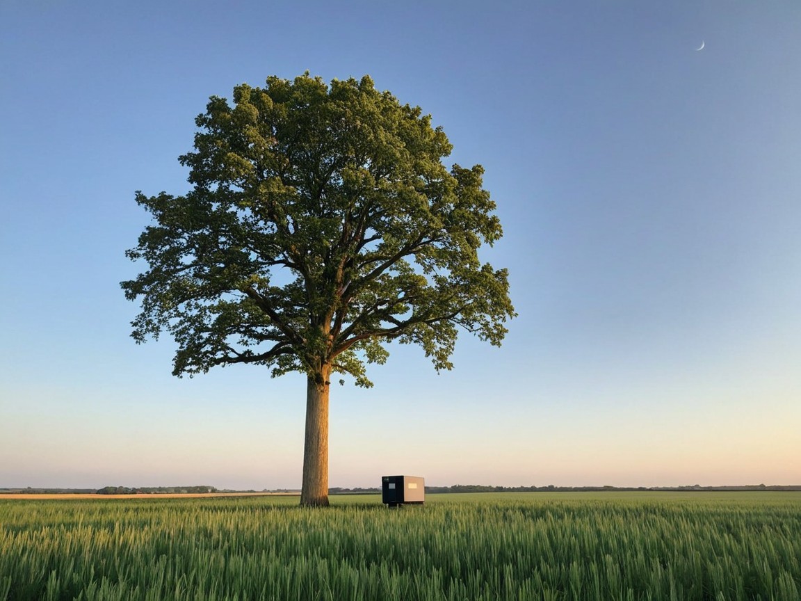 Tall tree in green field with crescent moon and structure