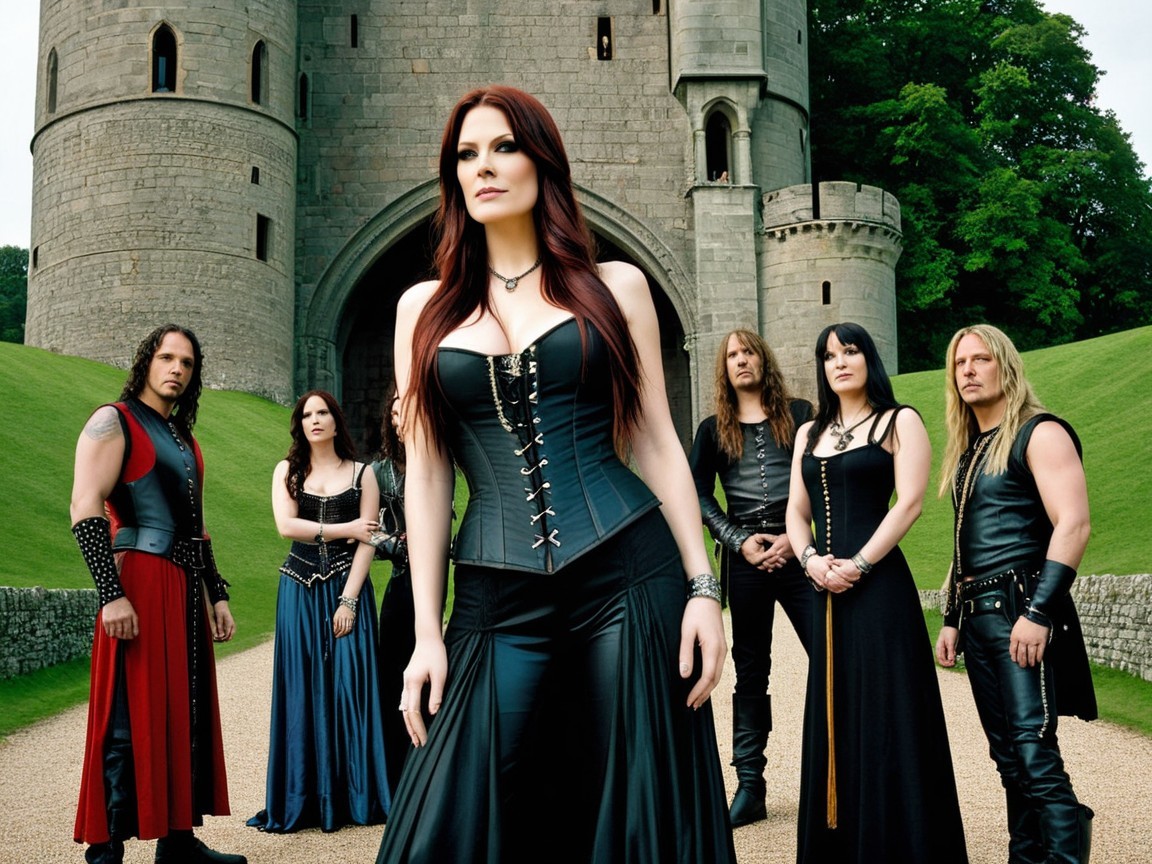 Musicians in Dark Attire Before Grand Stone Castle