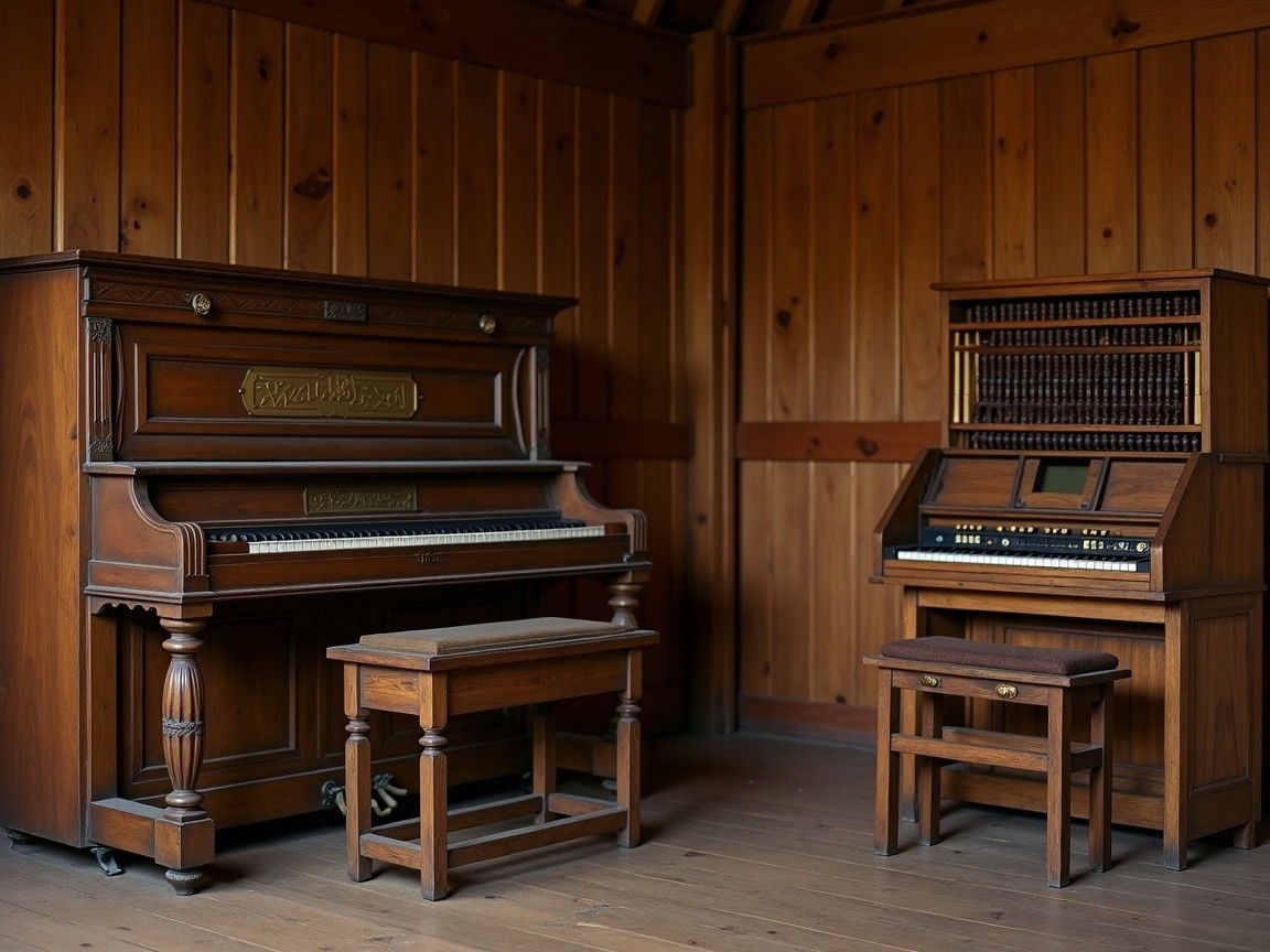 Vintage Wooden Instruments in a Rustic Room