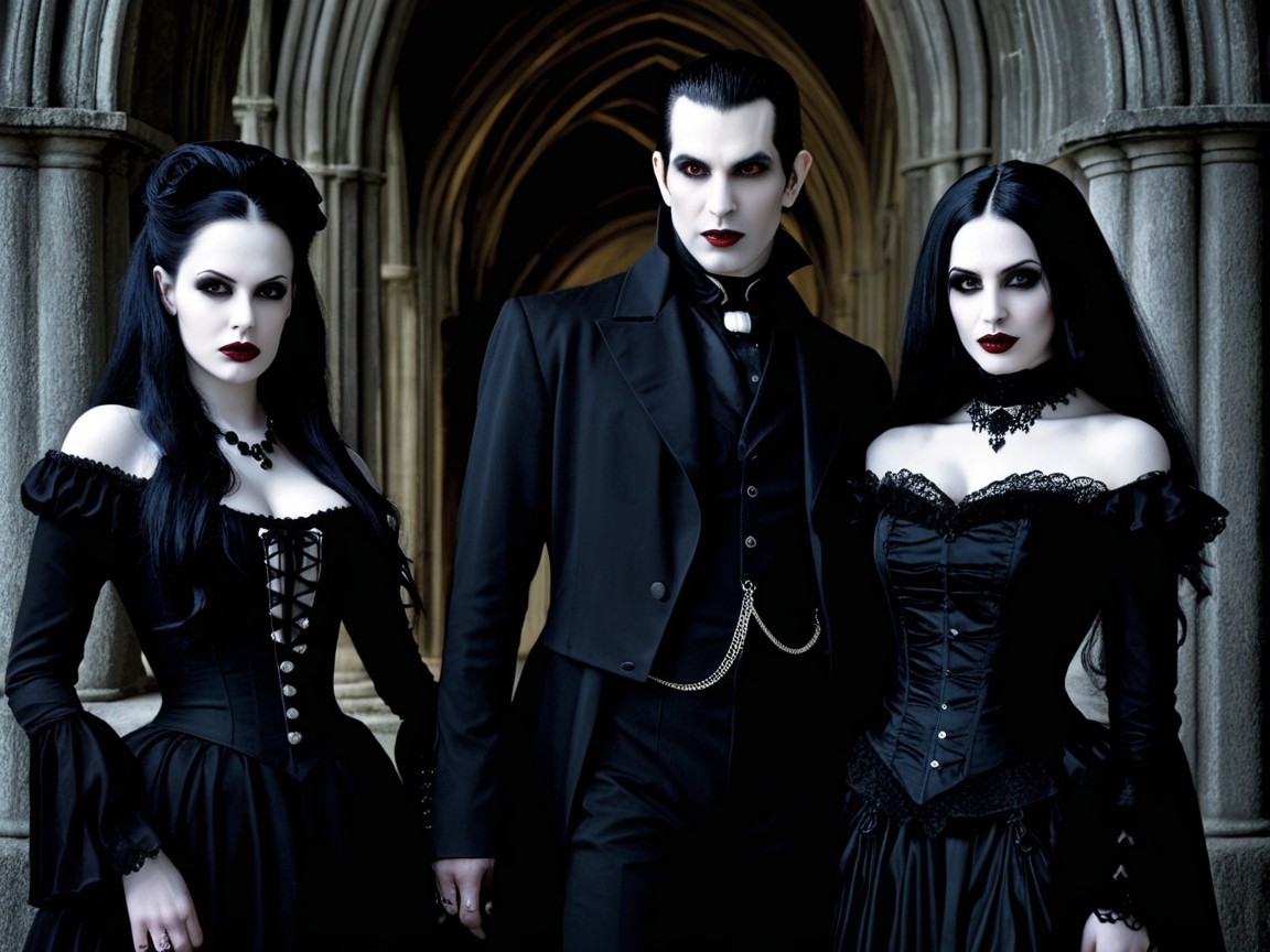 Elegantly Dressed Individuals in Gothic Setting