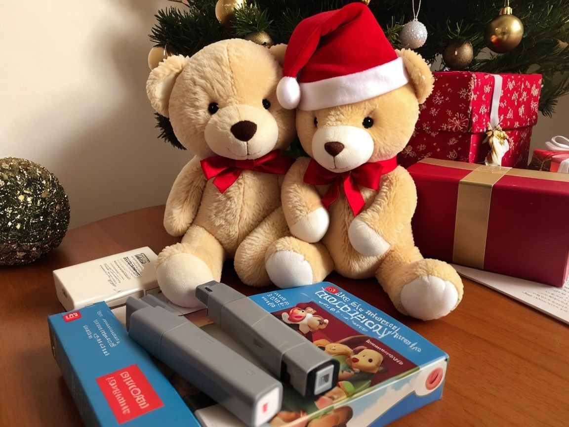 Teddy Bears in Santa Hats with Holiday Decorations