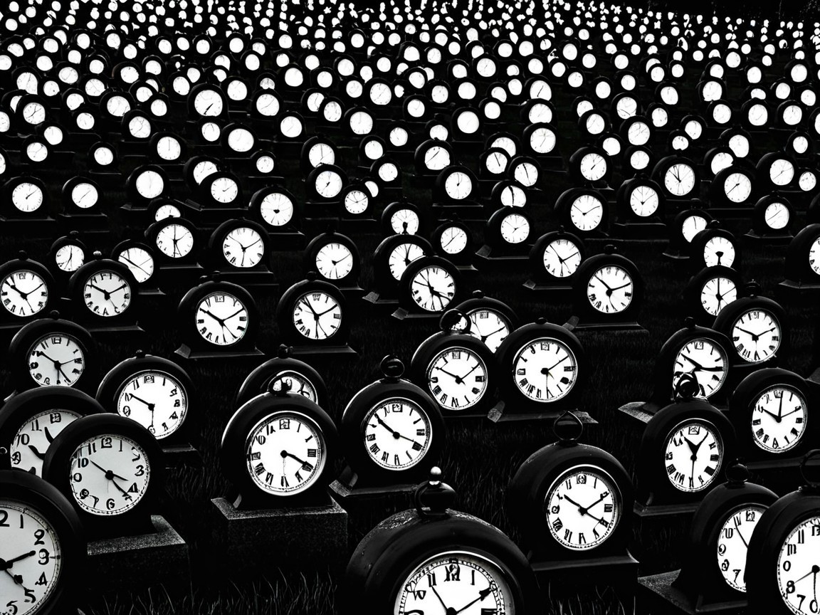 Vintage Alarm Clocks in Black and White Field Arrangement