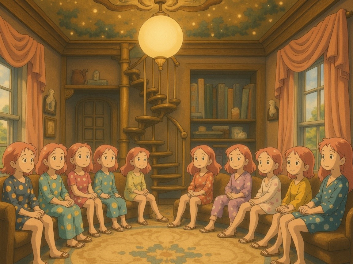 Cozy Room with Ten Girls in Colorful Pajamas