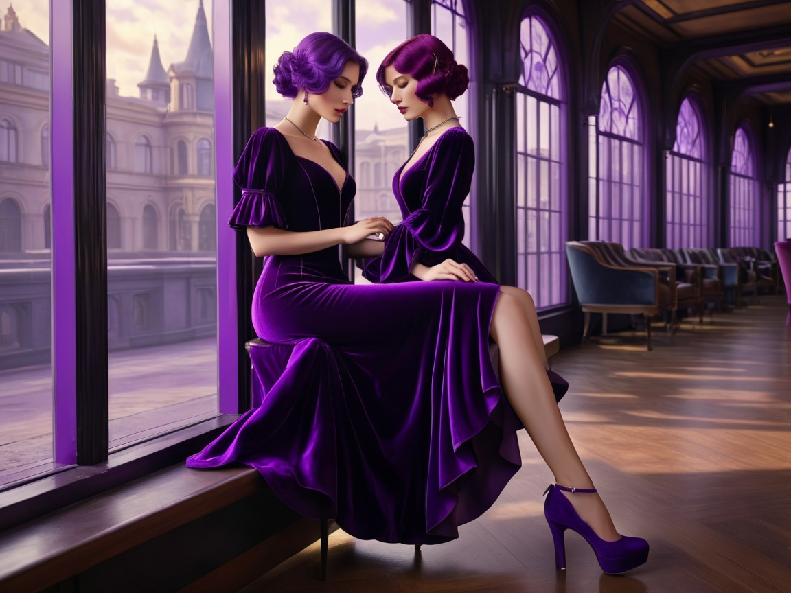 Elegant Women in Purple Velvet Dresses in Luxurious Setting