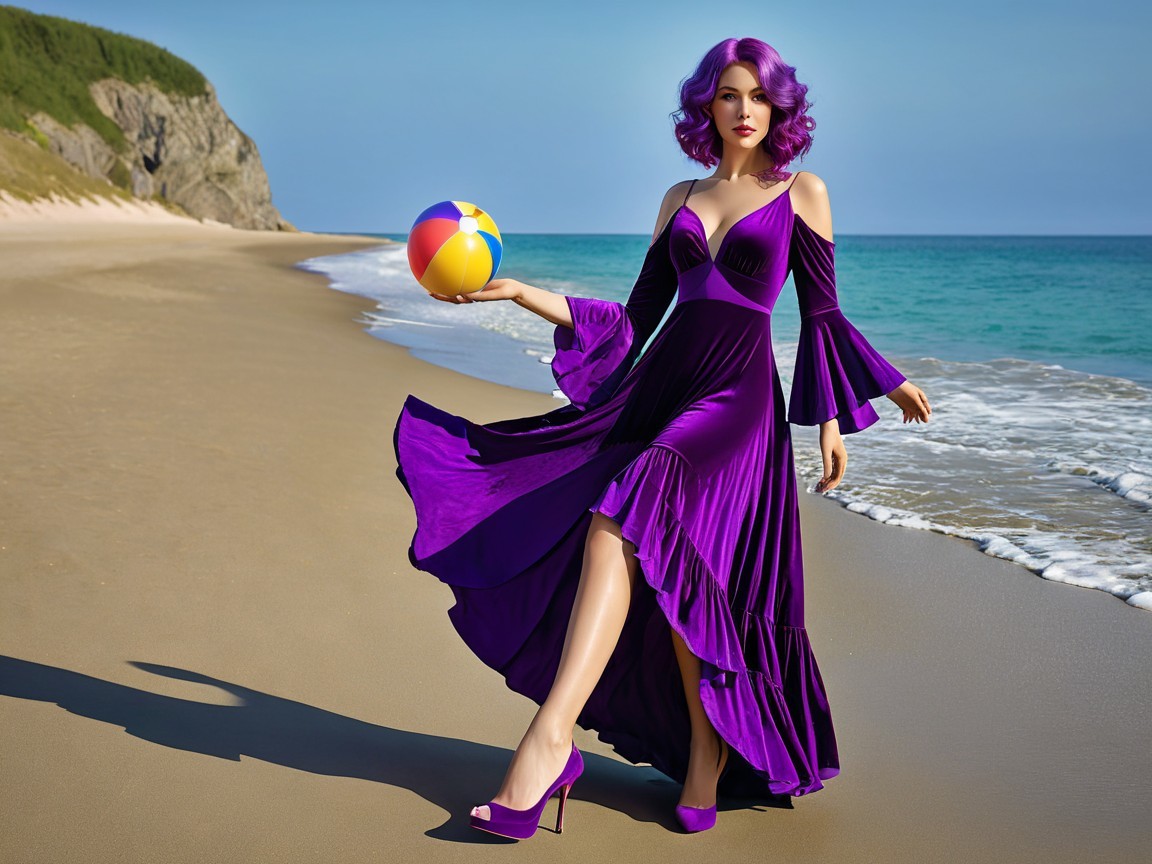 Woman in Purple Dress on Sandy Beach with Ocean Waves