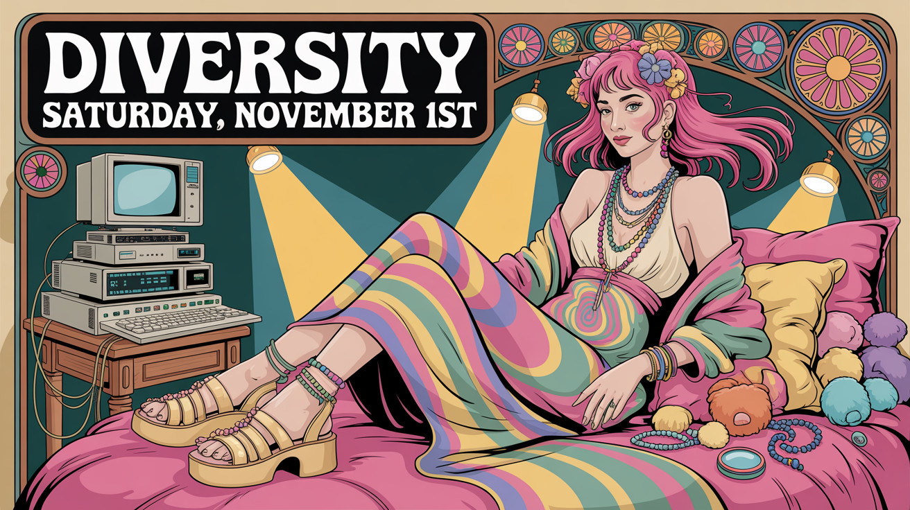 Colorful Illustration of Young Woman with Retro Decor