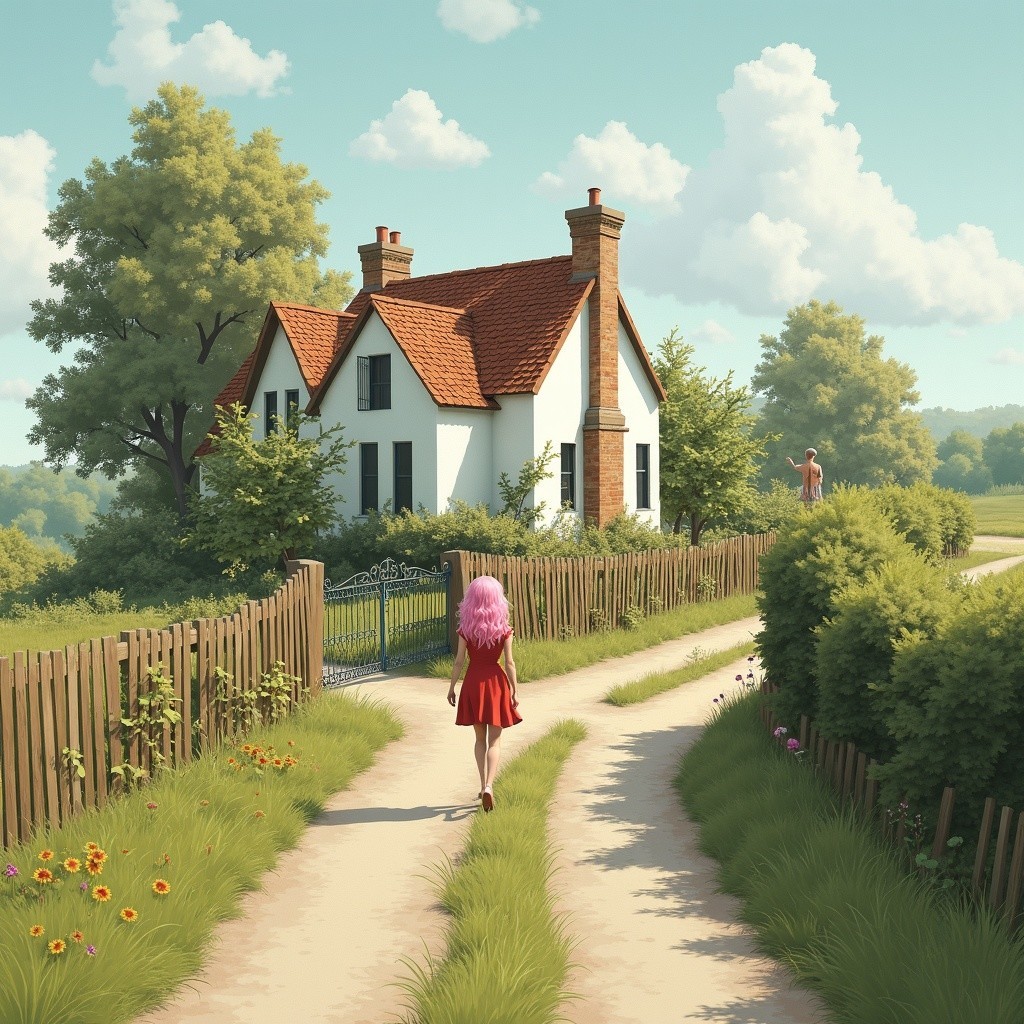 Countryside Scene with House, Girl, and Lush Nature
