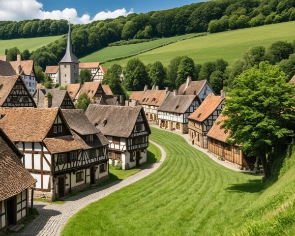 Charming Village with Half-Timbered Houses and Hills