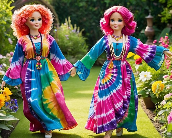 Dolls in Colorful Dresses Strolling Through a Garden