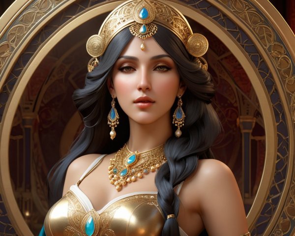 Regal female figure in luxurious attire and gold jewelry