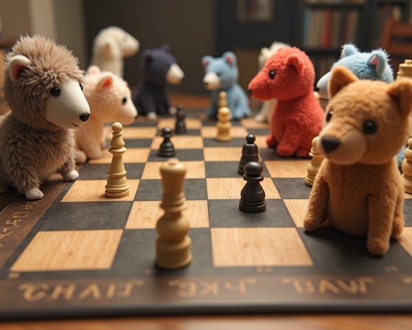 Whimsical Chess Game with Plush Animal Players