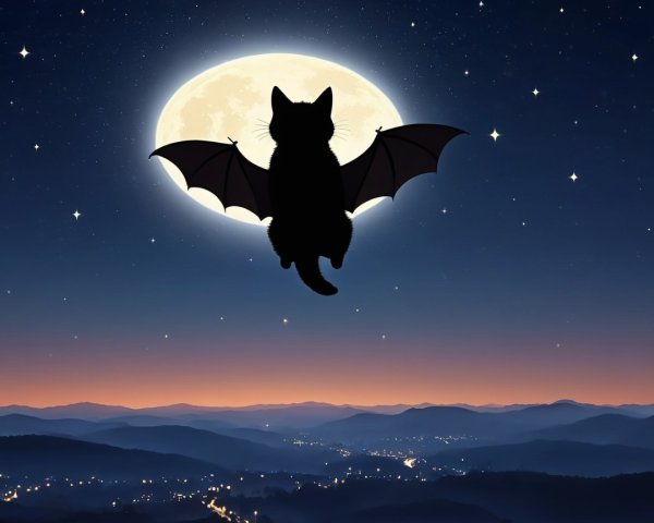 Whimsical Night Scene with Cat and Full Moon