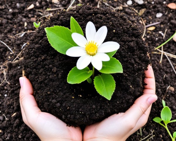 Hands Holding Soil with Flower and Green Leaves