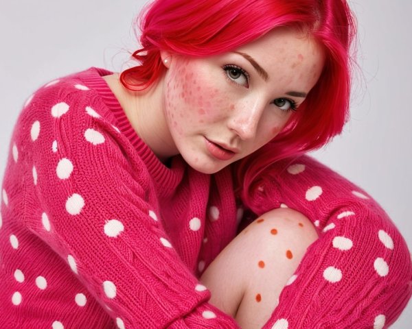 Young woman with pink hair in cozy polka dot sweater
