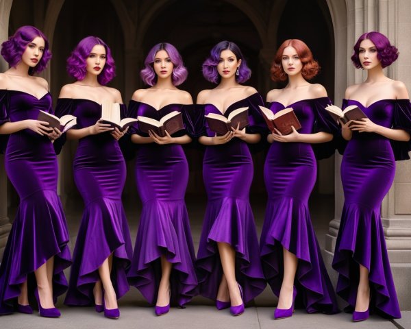 Elegant Women in Purple Gowns with Books in Semi-Circle