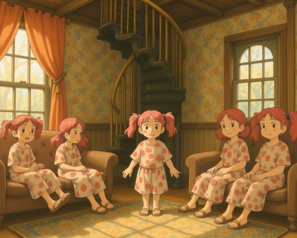 Five Identical Girls in Cozy Room with Pigtails
