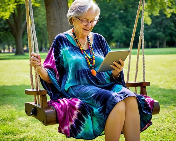 Elderly Woman on Swing in Vibrant Park Setting