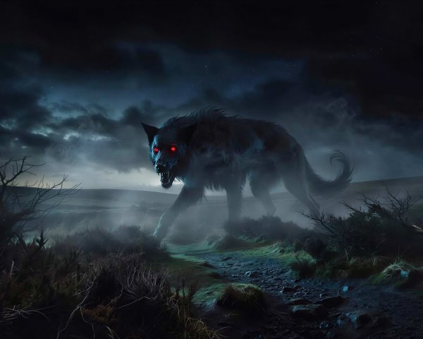 Dark Monster with Glowing Eyes in Misty Landscape