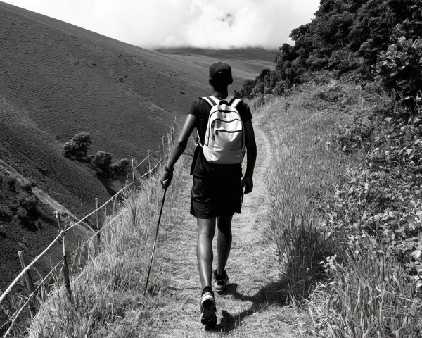 Lone Hiker on Narrow Path in Lush Greenery