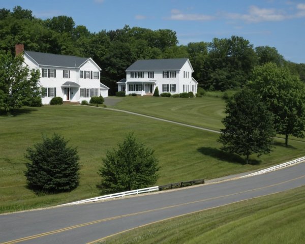 White Colonial Houses on Green Lawn Surrounded by Trees