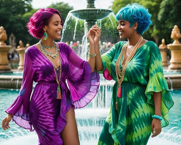 Two Women in Colorful Dresses by a Fountain