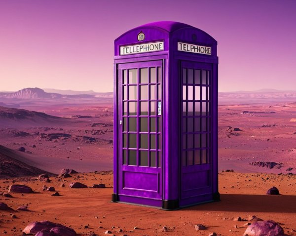 Purple Telephone Box in Reddish Desert Landscape
