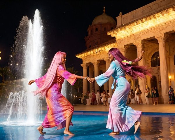 Women Dancing by a Fountain in Colorful Dresses