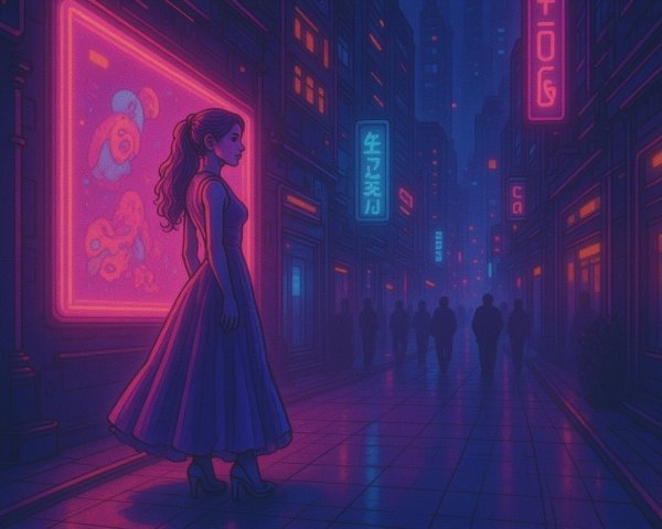 Stylish Woman in Flowing Dress in Neon Alley