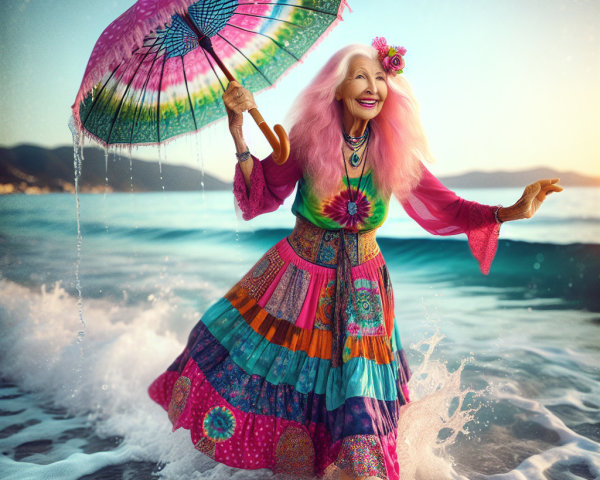 Elderly Woman with Umbrella at Colorful Beach