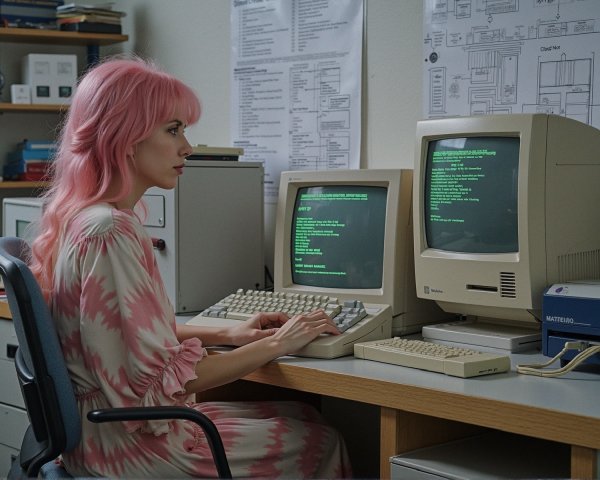 Woman with Pink Hair at Retro Tech Desk Setup
