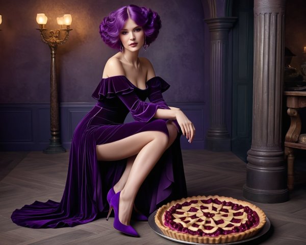 Elegant Woman in Purple Gown Beside Large Pie