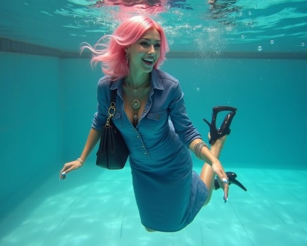 Woman with Pink Hair in Clear Pool Surrounded by Bubbles