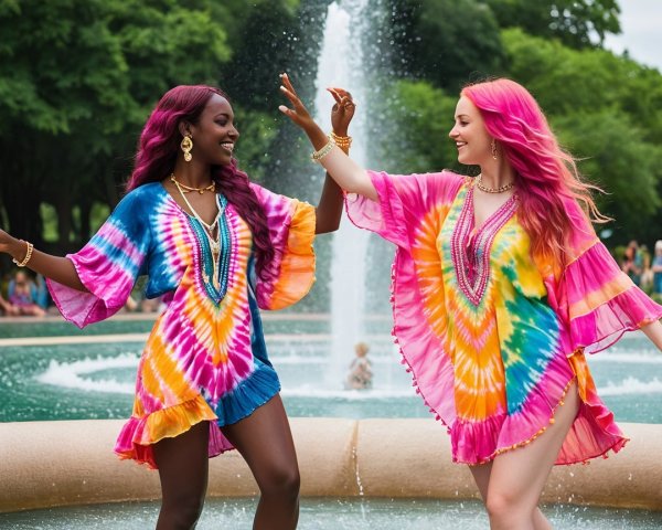 Women Dancing Joyfully by a Fountain in a Park