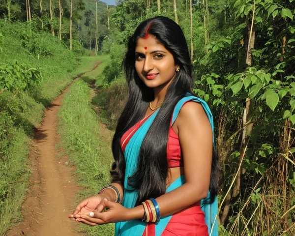 Young woman in traditional attire on a scenic path