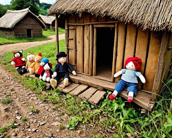 Wooden House with Thatched Roof and Handmade Dolls