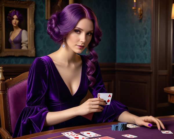 Woman with Purple Hair at Elegant Poker Table