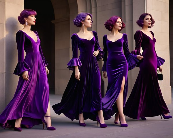 Elegant Purple Velvet Gowns on Mannequins Displayed