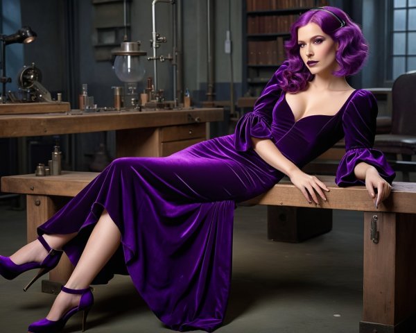Elegant Woman in Purple Velvet Gown on Wooden Table